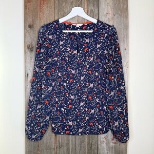 Boden Floral and Bird Print Mixed Fabric Blouson Sleeve Peasant Blouse Navy 6